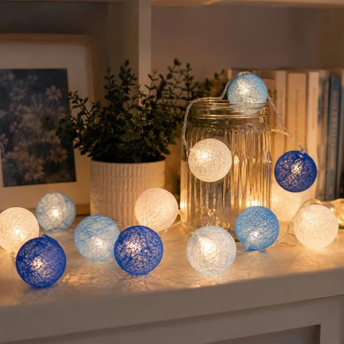 ZingBox Baumwollkugeln Lichterkette, 2M 10 LED Cotton Ball Lichterketten | Weiß, Blau und Dunkelblau, Lichterketten Batteriebetrieben für Jungen Kinderzimmer, Hochzeit, Weihnachten, Party, Innen Deko