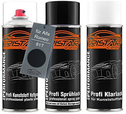 TRISTARcolor Vernice per auto Kit bombolette spray per paraurti di plastica per Alfa Romeo 817 Nero base adesiva vernice di base vernice trasparente con plastificante