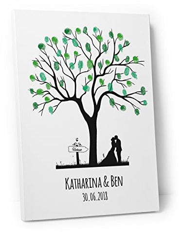 DeinWeddingshop Wedding Tree Leinwand zur Hochzeit, Fingerabdruckbaum als Gästebuch, Verschiedene Motive – PERSONALISERT – 30x40cm – inkl. Stempelkissen + Stift