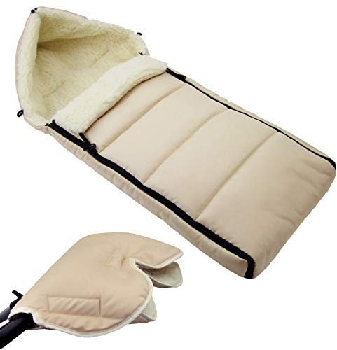 BAMBINIWELT KOMBI-ANGEBOT Muff + vinterväska 108 cm – av lammull för barnvagn, buggy, hjulberlock – ylle – LINIERT Beige