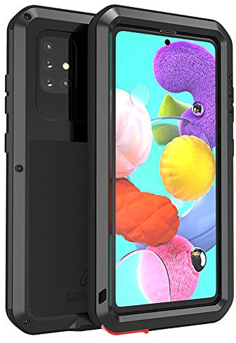 FONREST Ganzkörper Stoßfest Hülle für Samsung Galaxy A51 6,5-Zoll Love MEI Schwerlast Draussen Hybrid Aluminium Metall Staubdicht Case mit Hartglas, Unterstützt drahtloses Laden(Schwarz)