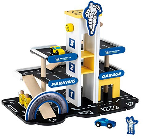 Theo Klein 3404 Michelin Parkhaus mit 3 Ebenen, Holz | Parkgarage inkl. 2 Autos u.v.m. | Kompatibel mit Holzfahrbahnen | Maße: 46 cm x 29 cm x 39 cm | Spielzeug für Kinder ab 3 Jahren