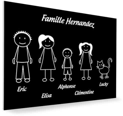 Plaque de maison Family personnalisée avec 5 membres pour boite aux lettres - Format 12x8 cm - Plaque Noire - Lettres blanches