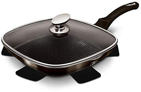 URBN-CHEF Non-Stick Shiny Black Grill Griddle Frying Pan Steak Cooking Skillet with Lid