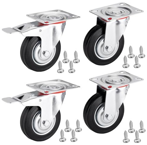 4er SET SOTECH Transportrollen RED Ø 125 mm (2x Lenkrollen, 2x Lenkrollen mit Bremse) Höhe 151 mm, Anschraubplatte 100 x 82 mm Traglast bis 440 Kg Möbelrolle