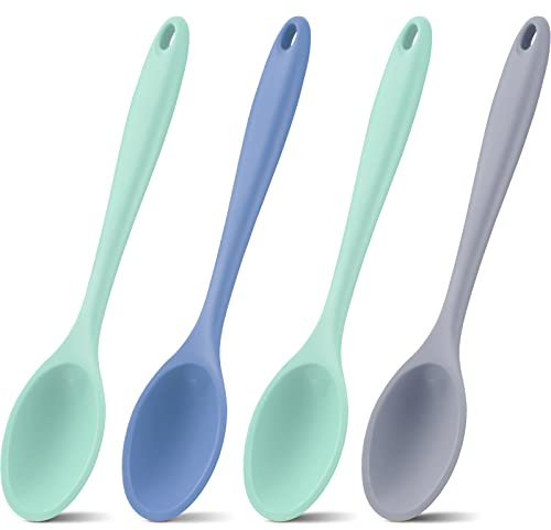 Shappy 4 Pieces Silicone Cooking Spoons 10.6 Inch Heat Resistant Kitchen Spoons for Mixing, Serving and Stirring Upgrade Large Non Stick Basting Utensils, Dishwasher Safe(Spoon,Fresh Color)