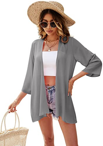 Ietaoo Gilet Long Femme Été Kimono Cardigan Mousseline de Soie Cardigan de Plage Bohème 3/4 Manches Léger Cache-Maillots Plage Veste Gris Foncé M