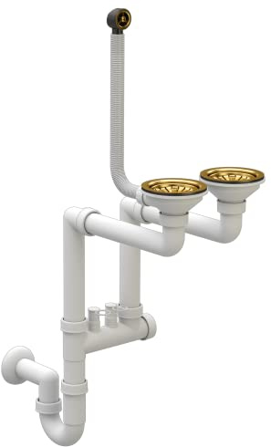 Granitan Platzsparendes Küchenspülen Siphon, Küchenspülenablauf | Set mit Anschluss Geschirrspülmaschine, ø 115 mm/3,5 Zoll, Ablaufgarnitur für 2 Becken, Gold, Klassisch
