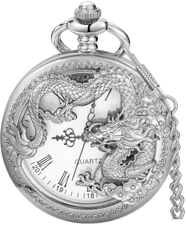 Alwesam Silver Dragon Design Quartz Pocket Watch Roman Numerals with Chain Birthdays Gifts for Father's Days