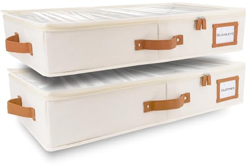 HOMELUX THEORY 2pc Under Bed Storage Containers, Bedroom Under the Bed Drawer Storage Organizer with Bins and Lids, Medium Underbed Clothes Storage Box Ideal for Blanket, Fabric, & Shoes (Ivory)