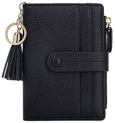 HKCLUF Geldbörse Damen Kleine, Geldbeutel Frauen Leder, RFID Portemonnaie Brieftasche Münzfach mit Quaste Damengeldbörsen Reißverschluss Viele Fächer(B01-Schwarz)