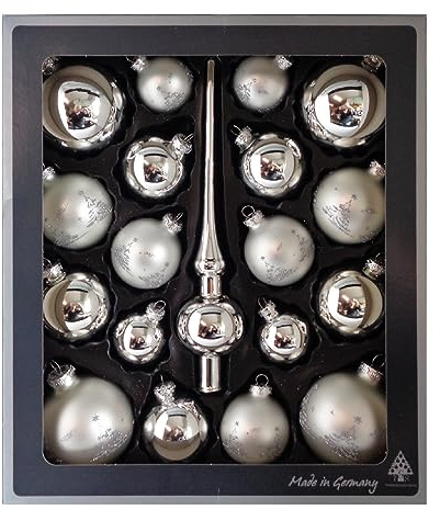 Thüringer Glasdesign - Kugel Set aus Glas inkl. Aufhänger und Spitze, Glanz und matt, Christbaumkugeln, Christbaumschmuck, Dekoration, unbekannt, Silber