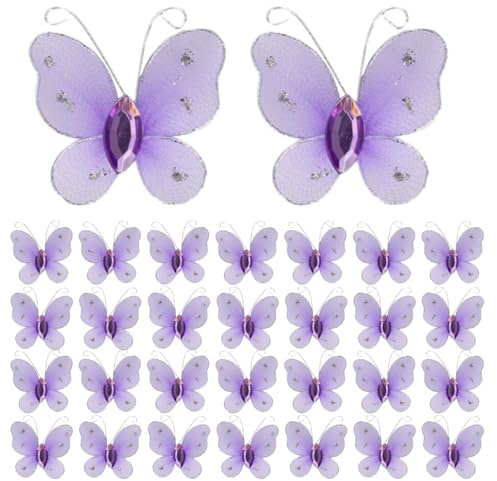 Stoffschmetterlinge, 60 Stück Organza-Schmetterlinge Zum Selbermachen, Durchsichtiger Maschendraht, Glitzernder Schmetterling Mit Glitzerndem Edelstein, 3D-Schmetterlings-Wanddekoration(Lila)