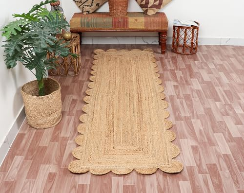 Hand Woven Natural Jute Scalloped Rug, Reversible Boho Entry Area Rugs for Kitchen, Living Room, Farmhouse Indoor Outdoor Decorative Floor-Rug, Bohemian Style Size 2x3 Ft