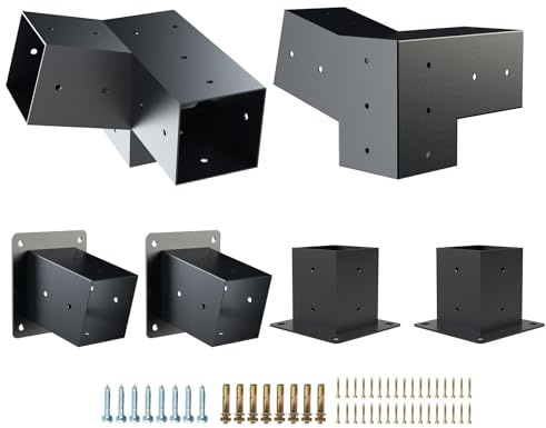 Kinchoix Pergola Brackets, 2 Pack Woodworks Pergola Kit 15° 3-Way Right Angle Corner Bracket with Post Base for 4x4'' (Actual: 3.5x3.5'') Wood Beams Elevated Wood Stand Kit 6 Pc