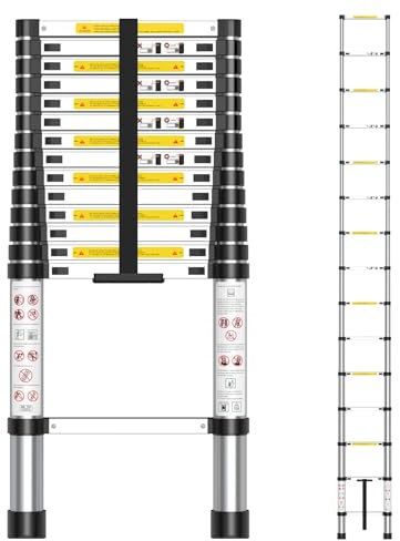 arvioo Teleskopleiter, Ausziehleiter mit 15 Sprossen, Max. Arbeitshöhe 5,05 m, Mit Klettverschluss, Leicht zu Verstauen & Transport, Klappbar, Platzsparend, Belastbar bis 150 kg (Leiterlänge 4,4 m)
