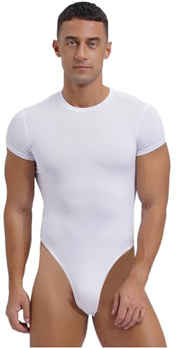 iEFiEL Herren Topbody Kurzarm Sportlich T-Shirt Bodysuit Einteiler mit Druckknöpfe im Schritt Overall Kurz Atmungsaktive Unterwäsche Weiß L