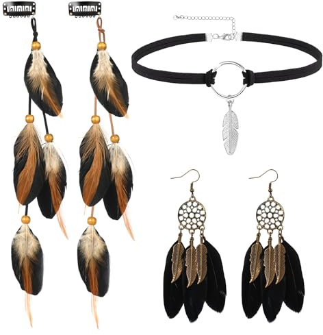 MWOOT Clips de Pelo Pluma Indio, Pluma Extensiones de Cabello, Collar de Gargantilla de Cuero, Pendientes Atrapasueños Colgante, Bohemios Retro Joyería Set para Mujer Carnaval Fiesta de Disfraces