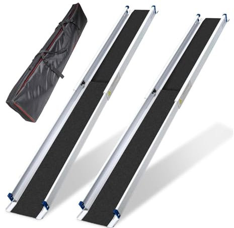 NIKSHI 2X Teleskop Rollstuhlrampe, Aluminium Auffahrrampe rutschfeste, Verstellbare Tragbare Teleskoprampe bis 300 kg, Treppenrampe für Rollstuhl,Teleskoprampe mit Textiltasche,180CM