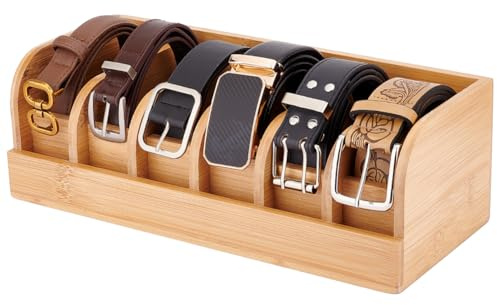PH PandaHall Gürtel Organizer Box Aus Bambus mit 6 Trennwänden | Stabile Vitrine Aus Holz, Für Herrengürtel, Vielseitiger Gürtelständer, Für Schrank Und Sc