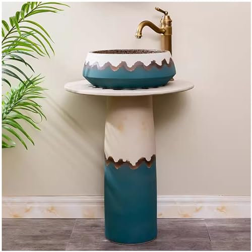 ZTGL Säulen-Waschplatz Retro Handgemalt Rund Waschbecken Standwaschbecken Keramik Waschtischunterschrank Bodenstehender Waschtisch Waschplatz für Indoor und Outdoor,04,3 Piece Set