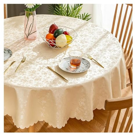 Epinki Tischtuch Rund 340CM, Tischdecken Einfarbig Blumen Muster Polyester, Biertisch Tischdecke Tischdekoration für Drinnen Draussen Garten Esszimmer Party und Festen, Champagner