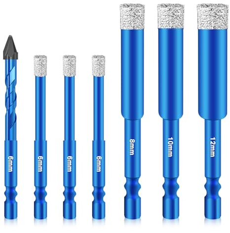 Pilikoll 7 Pezzi Punte Trapano Diamantate Gres Porcellanato Punte Trapano Diamantate Punte 6/6/6/8/10/12/6mm Punte per Granito Punte Diamantate Trapano per Vetro, Marmo,Ceramica, Piastrelle, Granito