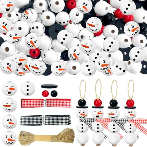 80 Stück Weihnachten Holzperlen Natur, 20mm Schneemann Holzkugeln | mit 10m Hanfseil Deko Holzperlen mit Gesicht für Weihnachten Deko, DIY-Basteldekoration, Winter-Dekorationen