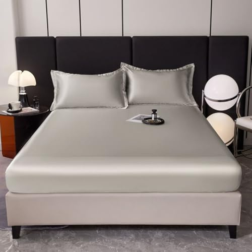 Beydodo Spannbettlaken 200x220CM Boxspringbett, Spannbetttuch Satin Einfarbig Spannbettlaken rutschfest Silber Grau (mit 2 Kissenbezüge 48x74CM)
