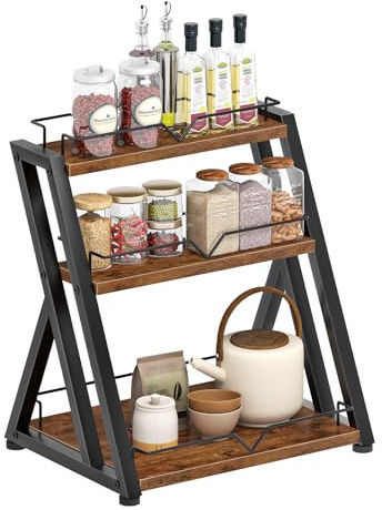HOOBRO 3-Tier Spice Rack, Free Standing Spice Rack, Kitchen Shelves, Desk Shelf Organizer, Dresser Top Storage Rack, for Office, Living Room, Bathroom, Rustic Brown and Black EBF10TL01