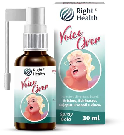 VOICE OVER: Spray Voce e Gola 30 ml con Erisimo, Echinacea, Propoli e Cajeput. Per abbassamento della voce, benessere delle corde vocali e gola affaticata. Senza Glutine, gusto Limone