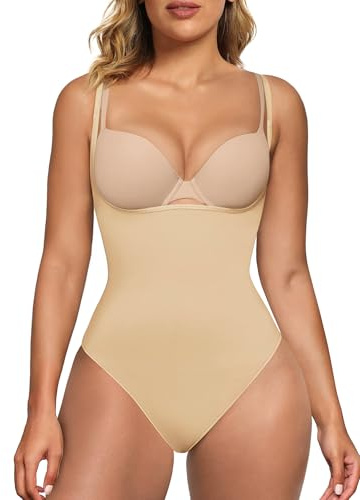 SHAPERX Bodysuit Open Bust Body Reductor Mujer Sin Costuras Shapewear Control de Abdomen Body Shaper Tanga, UK-SZ5315-Beige-L/XL