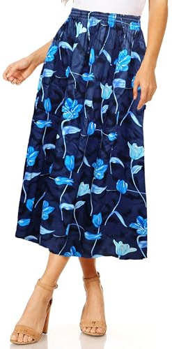 L S U Women Floral Print Skirt Soft Lightweight Elasticated Waist (M, L, BLU Leaf)