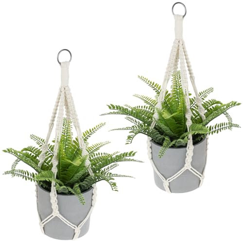 JJUNW 2 Stück Makramee Blumenampel Pflanzenhänger, Blumentopfhalter Baumwollseil mit Eisenring, 50cm Hängeampel für Hängepflanztopf Boho Deko für Innen Außen Garten Balkon Fenster Wanddekoration