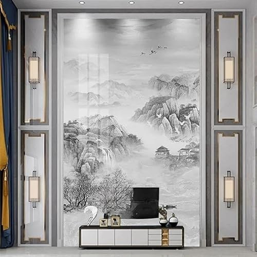 Black and White Ink Mountain Peaks River Boat Trees Birds 3D Wallpaper Feature Office Living Room Sofa Bedroom TV Background Wall Decoration-430cm×300cm