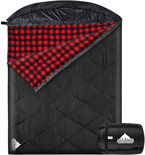 AGEMORE Sacco a pelo doppio in flanella di cotone con cappuccio foderato in pile, impermeabile, queen size, 2 persone, per adulti, freddo, campeggio, zaino in spalla o escursionismo, 3-4 stagioni