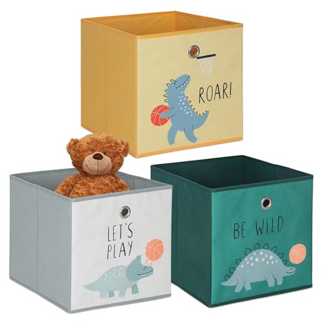 Relaxdays Set 3 Scatole per Bambini, Motivo Dinosauri, Pieghevoli per scaffali a cubo, HLP 30x30x30 cm, Tessuto colorato
