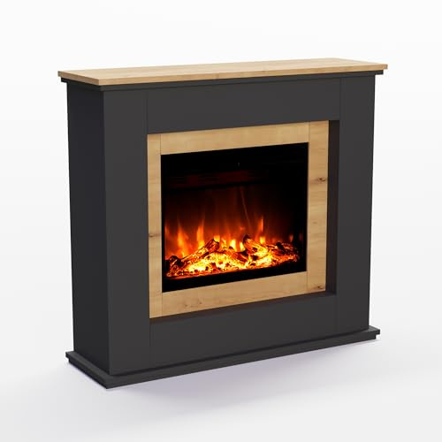 GLOW FIRE Camino elettrico con riscaldamento e caminetto simulato (Camino da terra Europa Oak) - Camino elettrico con fuoco LED in 3 colori, termoventilatore, decorazione in legno e telecomando