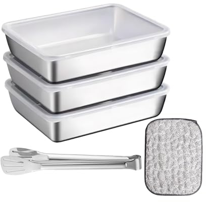 HXSYKJDM Panierschalen Set 3-teilig, Panierstrasse Edelstahl Schüssel | mit Steakzange & Abwaschlappen, Edelstahl Schale Rechteckig mit Deckel Stapelbar für Fisch Fleisch Gemüse, 25 X 19.5 X 5 cm