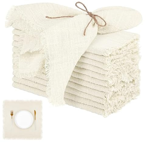 Odoukey Set med 12 tygservetter 12 st 43 x 45 cm linneservetter fyrkantiga rustika med lugg mjuk tvättbar återanvändbar för bröllopsfest matbord beige