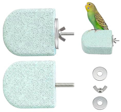 2Pcs Bird Grinding Stone Perch Set, Natural Pumice Budgie Toys | Lava Ledges for Nail and Beak Care, Easy-Attach Cage Perches for Cockatiels, Conures and Other Small Birds, Cyan