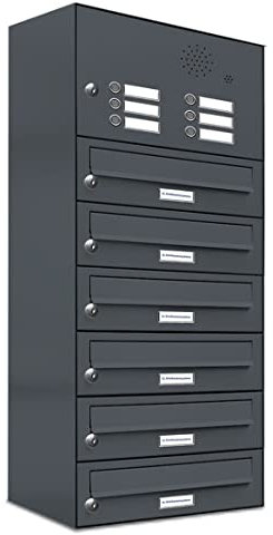 AL Briefkastensysteme 6er Briefkastenanlage mit Klingel Anthrazit Grau RAL 7016, Premium Briefkasten DIN A4, 6 Fach Postkasten modern Aufputz