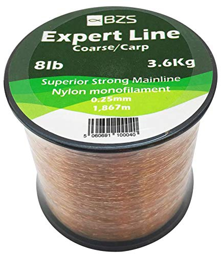 BZS Expert Carp Coarse Fishing Line Nylon Monofilament - Strong Tension High Load String Spool 4lb 5lb 6lb 8lb 10lb 12lb 15lb 20lb 25lb 30lb 40lb 50lb 60lb (Brown, 0.25mm - 1,867m / 8lbs - 3.6Kg)