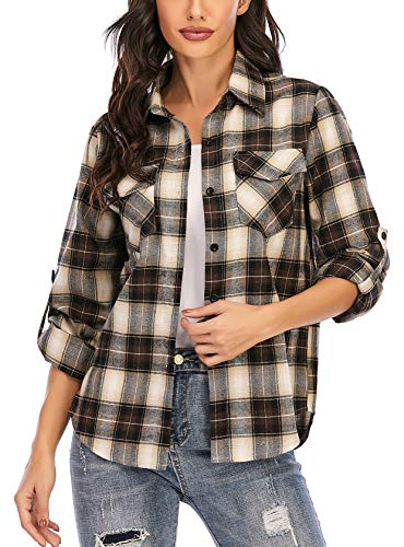 Enjoyoself 100% Cotone Donna Camicia a Quadri Flanella Blusa Casual Manica Lunga Capo Classico Shirts Tops