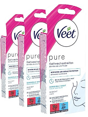 Veet PURE Kaltwachsstreifen – Geeignet für sensible Haut – Anwendung für Gesicht – Bis zu 28 Tage glatte Haut – 3 x 20 Doppelstreifen