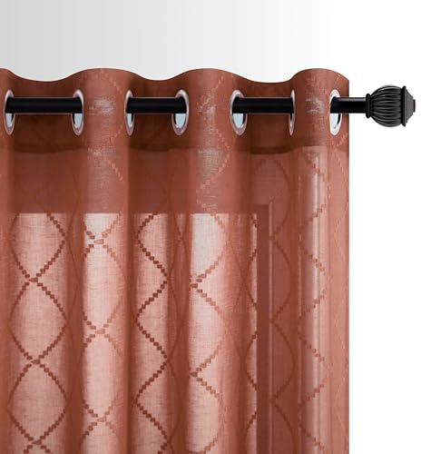 KOUFALL Cortinas traslúcidas de 63 Pulgadas, Juego de 2 Paneles con Ojales de Lino con Textura de Diamante, Cortinas filtrantes de luz para Dormitorio, Sala de Estar, Naranja Quemado, Terracota óxido