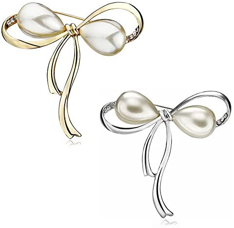 luou 2 Stück Perle Bogen Broschen Damen Brosche, Anstecknadeln Bogen infacher Perlen Pin Broschen,Legierung eingelegte künstliche Brosche Schmuck,für Frauen kreativ und nützlich (Gold&Silber)