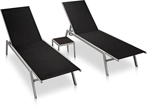 Makastle 2-er Set Sonnenliegen Relaxliege Gartenliege mit Verstellbare Rückenlehne & Tisch, Gartenliegestuhl Gartenstuhl aus Stahl und Textilene, Rollliege für Garten Terrasse Balkon, Schwarz