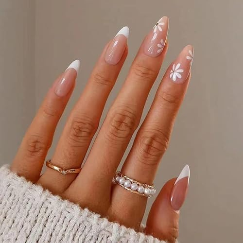 Sethexy Blume Mandel Falsche Nägel Französisch Press on Nail Rosa Falsche Nägels 24Pcs Acryl Nägel zum Aufkleben für Frauen und Mädchen