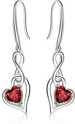 Boucles d'oreilles Infini Cœur pour Femmes - Qings Argent Sterling 925 JanvierGrenat Pierre de Naissance Goutte avec Pendantes Zirconium Bijoux Cadeau de Noël Anniversaire pour Filles Mères